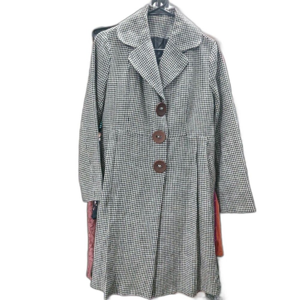 Vintage Houndstooth Black & White Fit & Flare Longline Coat Old Money Preppy